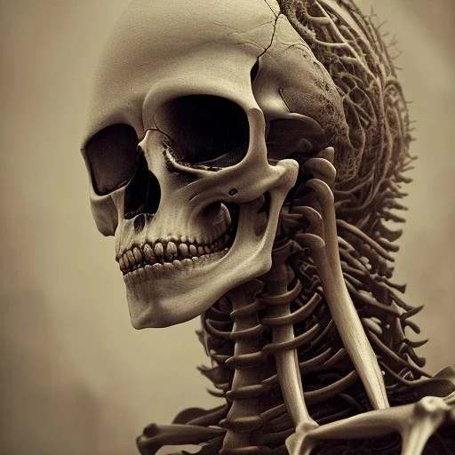 skeleton with a lot of blood on his face in hr giger style, steam punk, realistic, made in octane, cinematic, ultra-realistic, extremely detailed octane rendering, 8K, VRAY Super Real ar 2:3, dof photorealistic futuristic 50mm lens hard lighting dark gray tintype photograph, realistic lighting, sepia color