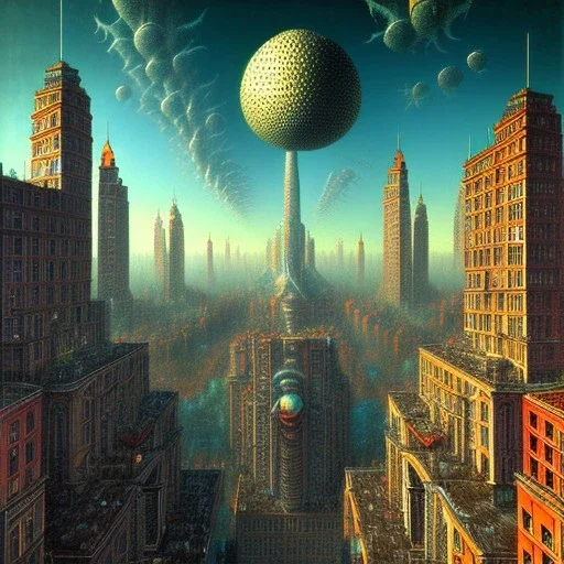 Very detailed view of a city in Max Ernst style