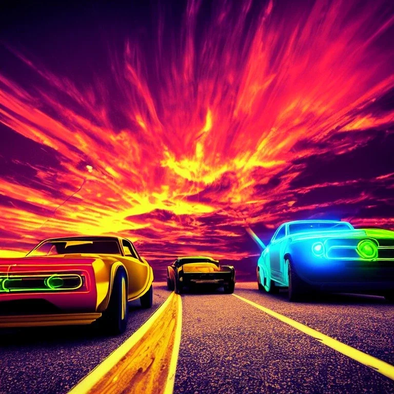 art deco, cyberpunk, two neon muscle cars, race, speed, desert road, sunset, full colour, hd,