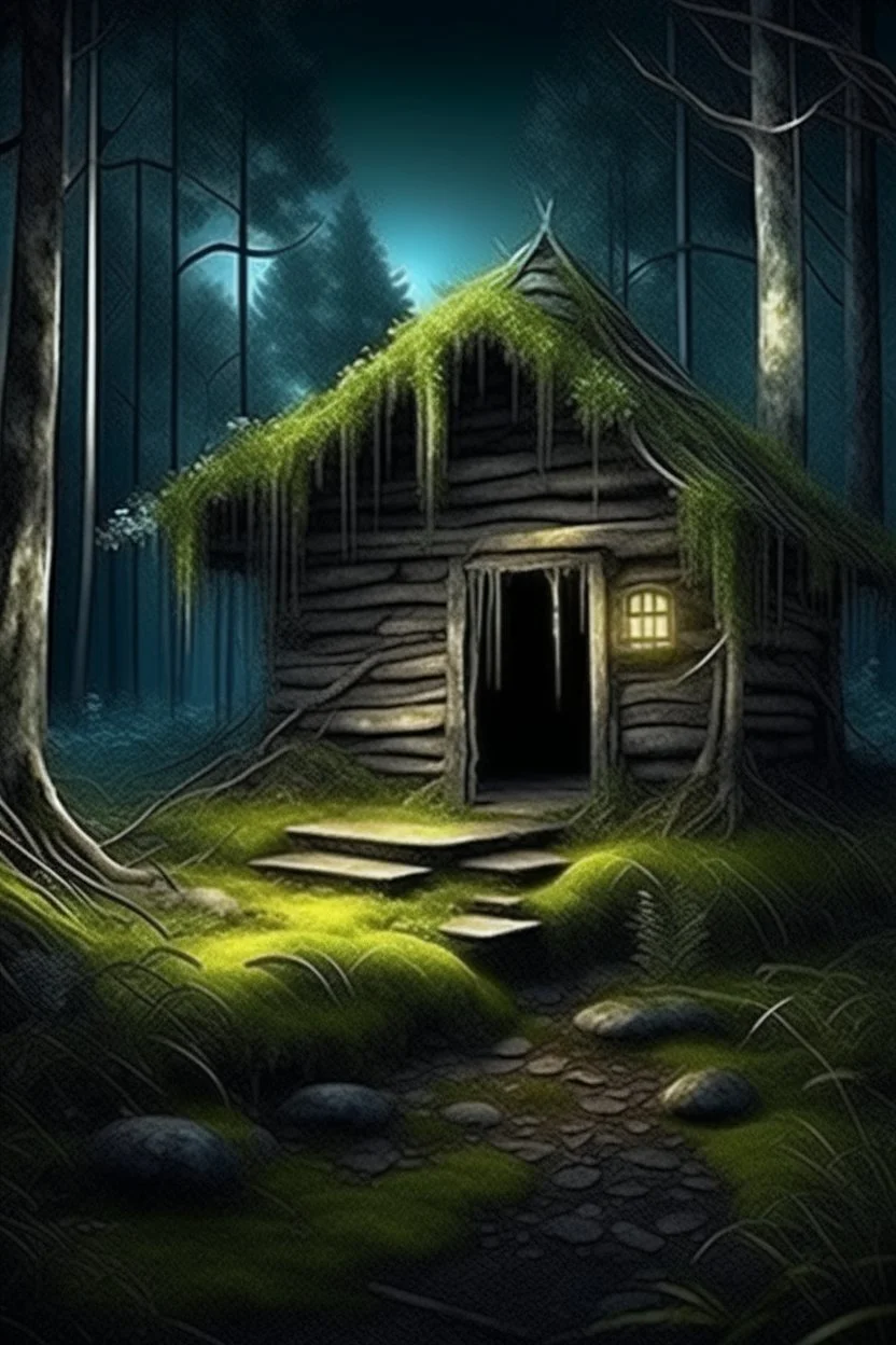 magic fabulous forest, old dilapidated hut in the forest, moss on the ground, fantasy, photorealism, clear drawing of all details, dark, night, moonlight, mysticism