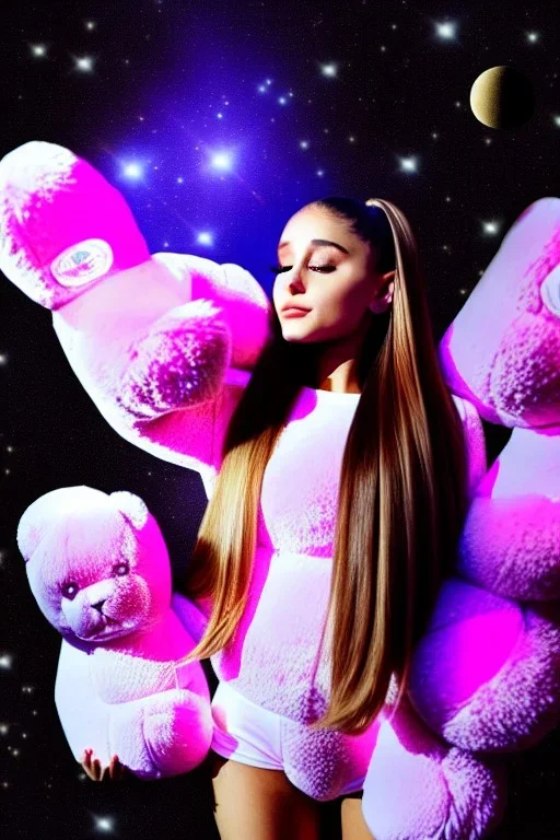 Ariana Grande floating in space with fluffy teddy bears high quality high detail high contrast