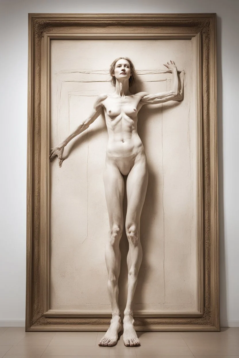 a tall slender woman is standing in front of a large white picture frame displayed on the wall of an art gallery. The frame is traditional in style but looks like and has the texture of white clay. Her arms are outstretched like da vinci’s vetruvian man, and the length of her arms and body corresponds to the width of the picture frame. Her feet are perched on a surreal small shadow rock and it looks like she is floating above calm water. The picture is without canvas but an abstract landscape em