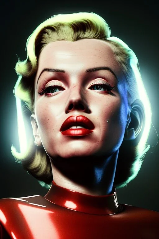 Ultra Realistic retro sci-fi scene, portrait, blonde woman, sweet young Marilyn Monroe face, perfect iris, tight latex coat, helmet, Strange planet background. Spaceship, fog, rain, soft color, highly detailed, unreal engine 5, ray tracing, RTX, lumen lighting, ultra detail, volumetric lighting, 3d, finely drawn, high definition, high resolution.