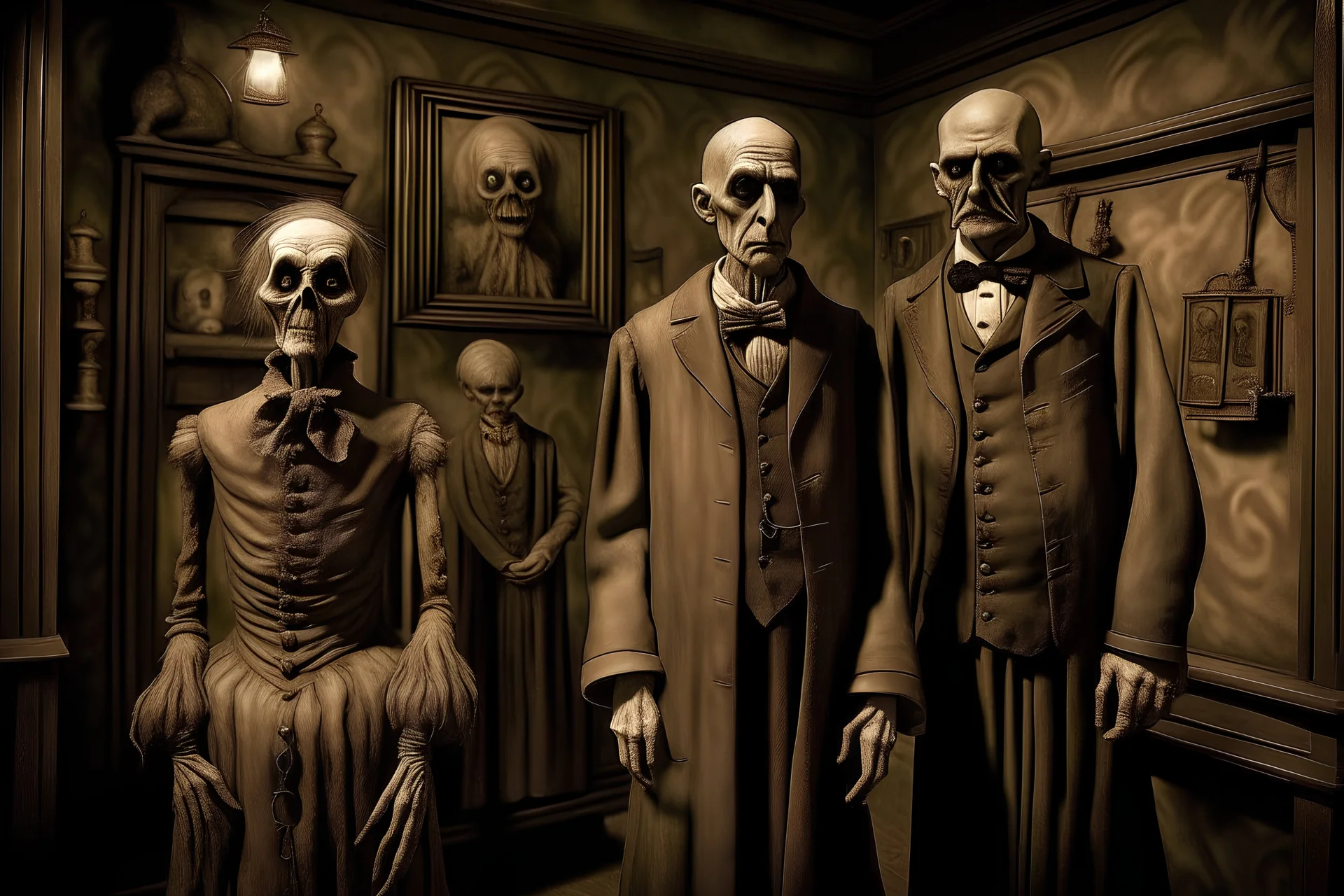 A unsettling uncanny noblemen ushering you into a creepy wax museum, fantasy, digital art, sepia