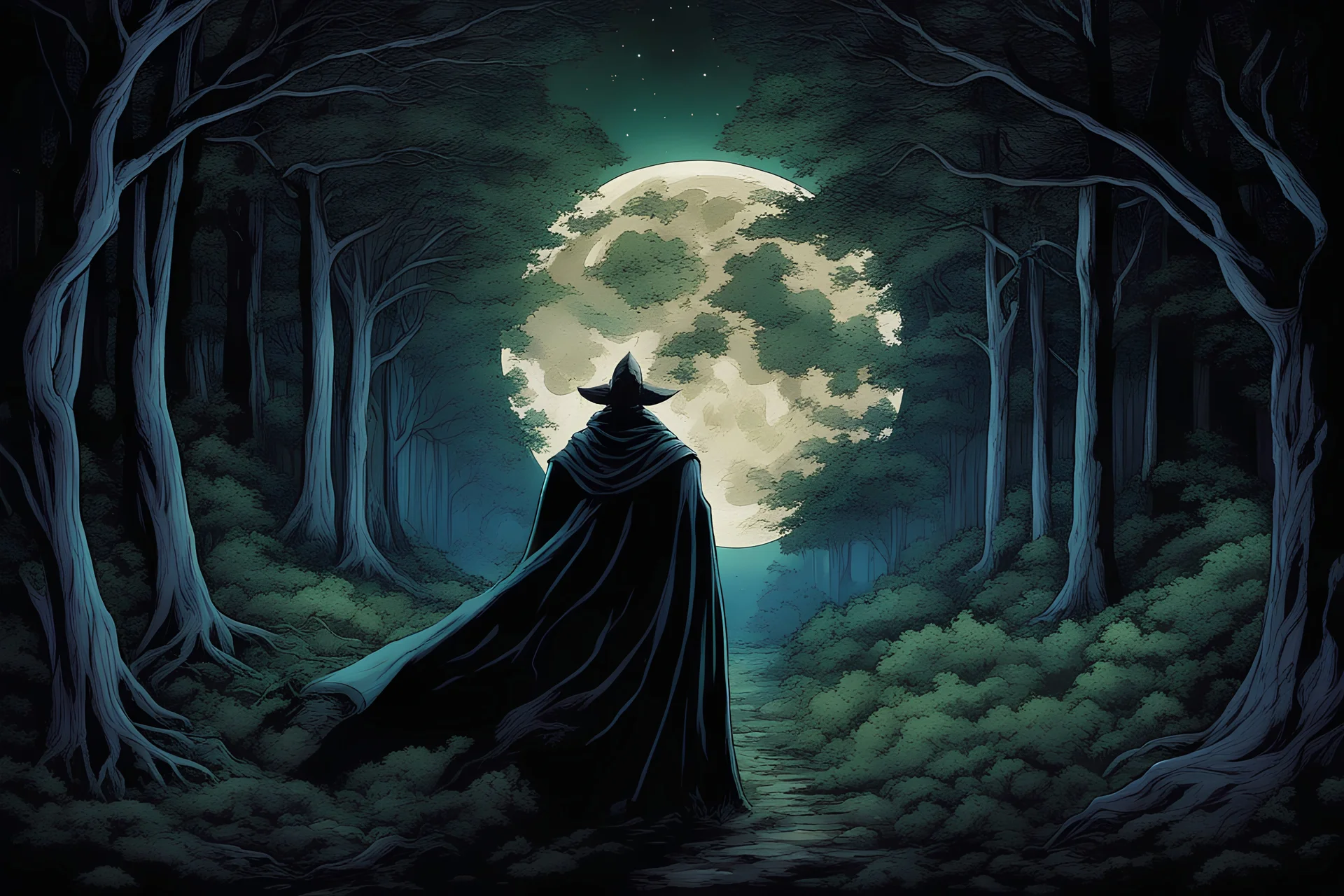 pessoa usando uma máscara azul pintada com branco e um manto preto no meio da floresta olhando pra frente, árvores verdes e muita mata, a noite, desenho do espírito da lua, imagem cinematográfico, com cores vibrantes, espírito olhando pra a quarta parede