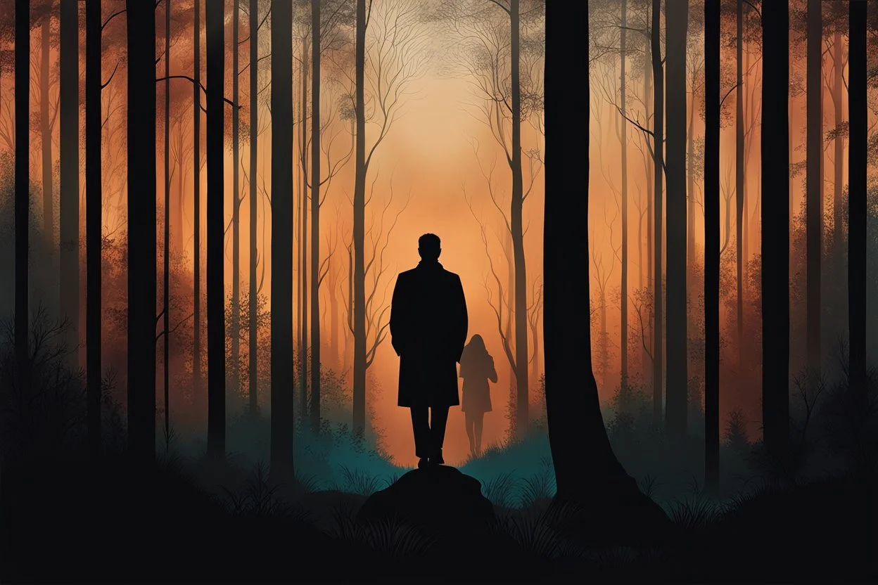 a backdrop of dusk a solitary figure silhouette of a person, is depicted, moving away from the viewer into a dense forest in a misty landscape, hinting at the need for secrecy and seclusion. The colors could be muted, evoking a sense of mystery and suspense. deep colors, harmonic stunning colors transition, black ink, mystic, surreal style, alone mood