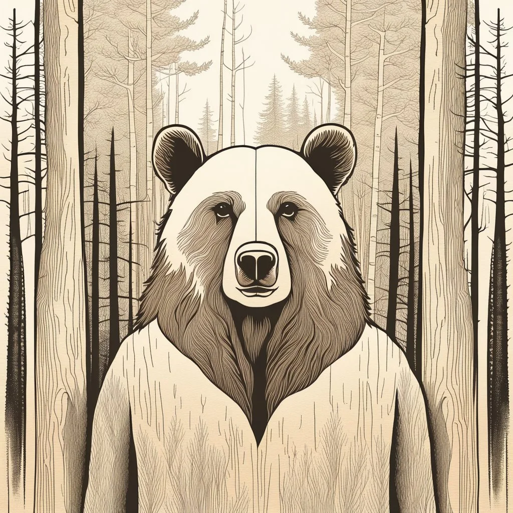 M shaped bear head combined with woods silhouette in backround, letterpress style, minimalistic pencil art