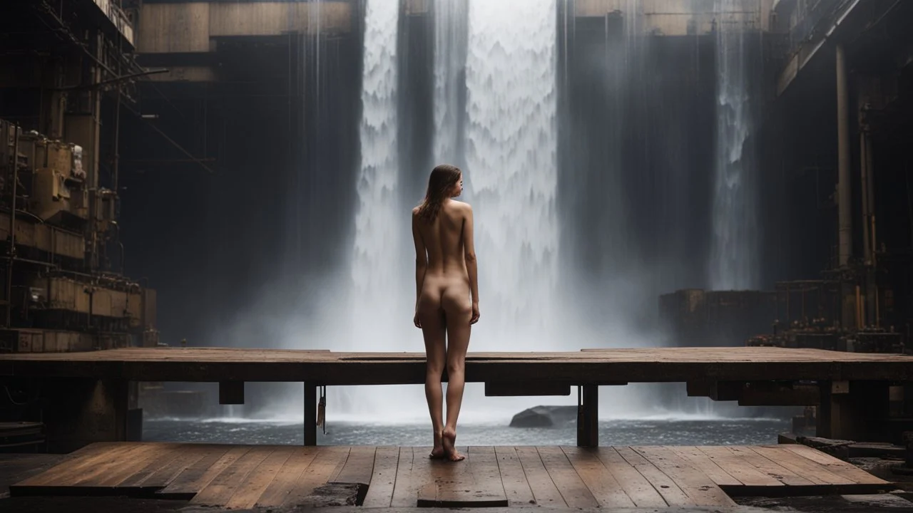 A nude female figure standing on a wooden platform, surrounded by a dark, industrial environment with a large, cascading waterfall in the background