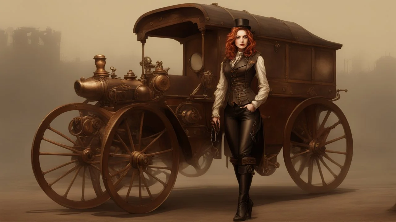 full-length portrait of a pale-faced steampunk woman with auburn wavy shoulder-length hair, with detailed metal arms and legs, dressed in leather trousers, and a jacket, standing beside a steam carriage