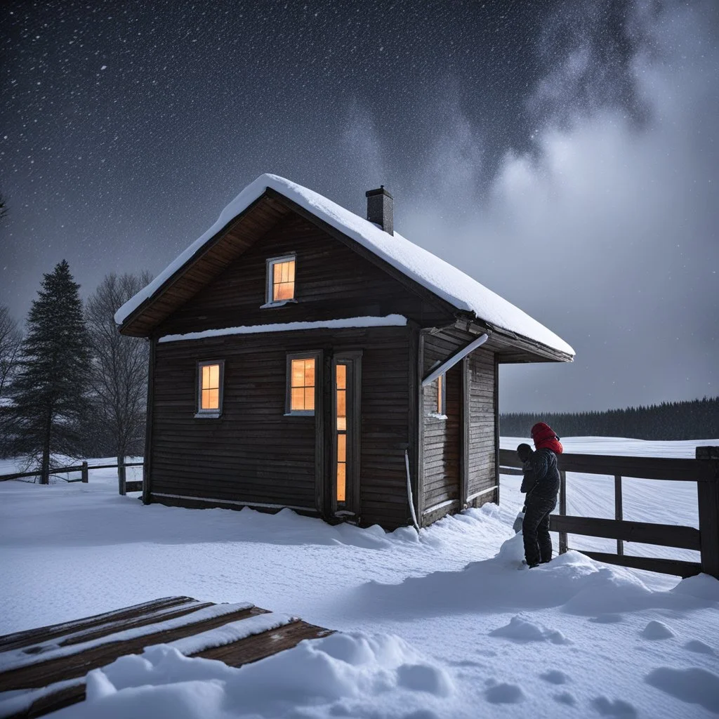 in the North of Canada, an Afro-American man stands on the edge of the roof of his isolated house in the dark among the rare snowflakes just before a snowstorm hits. He attaches plank plates to the roof to reinforce it, bracing for the impending storm. The dark cold air bites at his skin, the wind howling ominously, as he works diligently to secure the roof under the blinking light of an old flashlight in the blizzard.