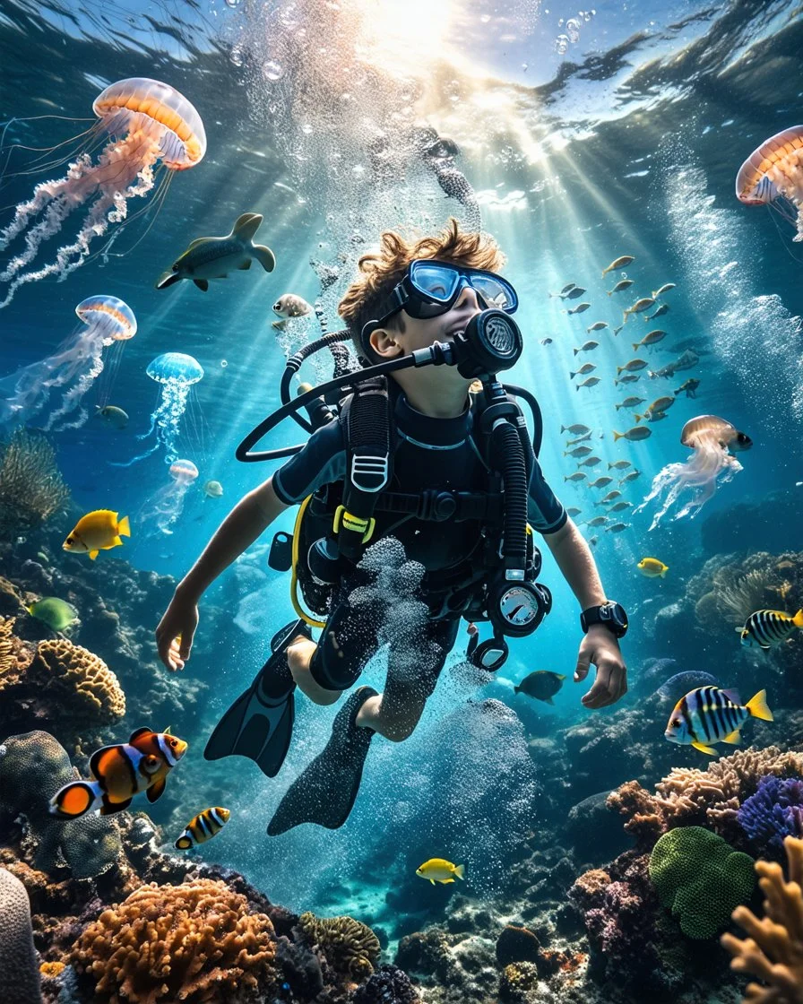 Make a image of a young boy wearing scuba gear, underwater with fish, jellyfish and bubbles. Low angle view looking up towards the surface of the Ocean, Photorealistic.