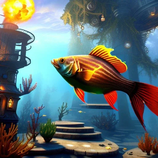 steampunk fish, 8k resolution, dynamic lighting, ultra hyperdetailed, Unreal Engine 5, ultra colourful, very small details, realistic