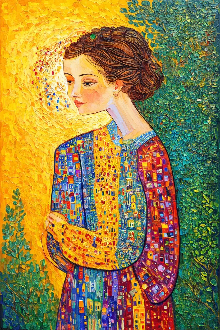 Love that liberates you; Post-Impressionist painting inspired by Klimt and Hundertwasser; Golden Hour; Exquisitely Detailed; Foliage Palette