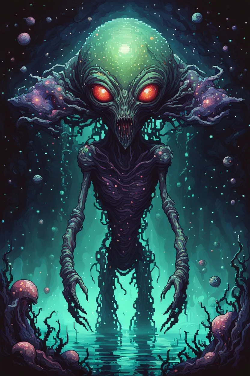 cosmic horror, nightmare, galaxy in eyes with dread, truth, alien underwater, fullbody, 8bits, pixel art,