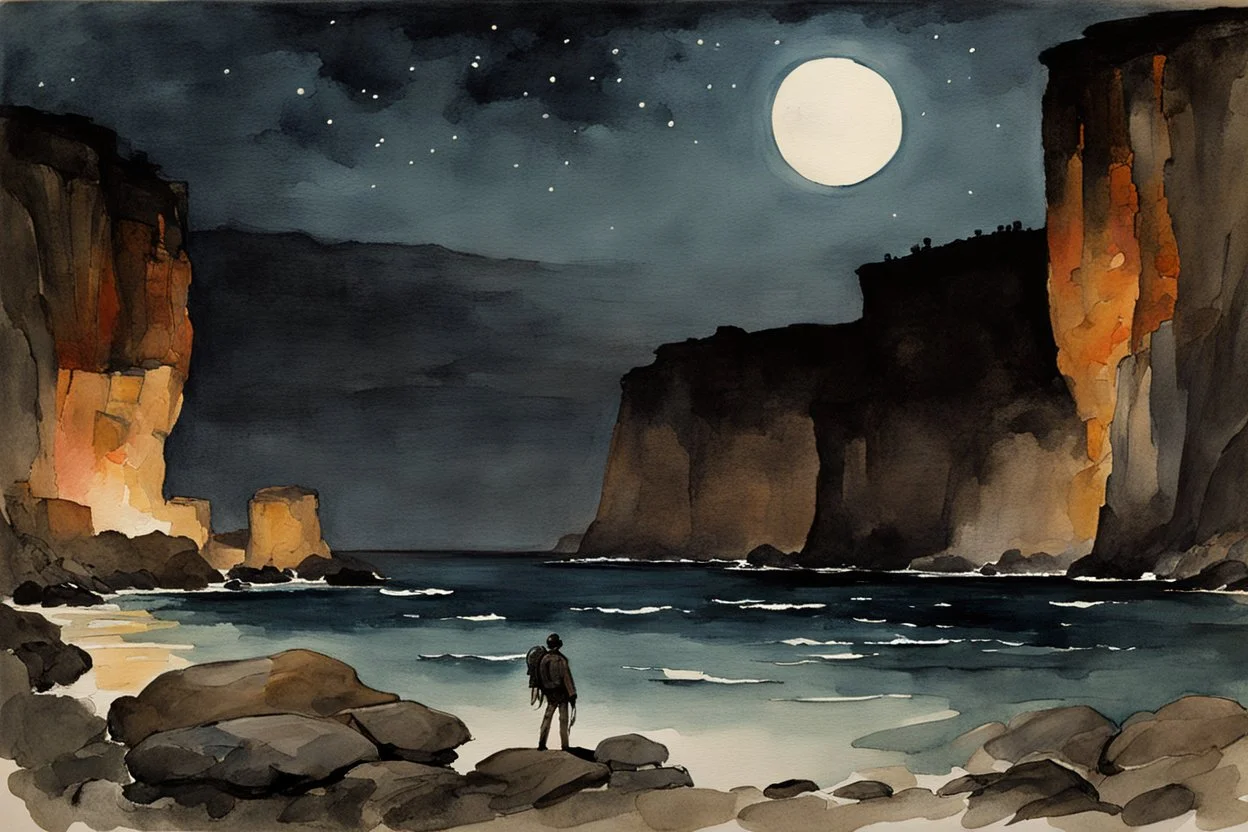 Night, rocks, cliffs, distant mountains, sci-fi, fantasy, winslow homer watercolor paintings