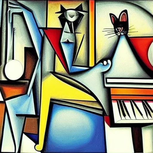 surreal cat playing piano in style of picasso painting