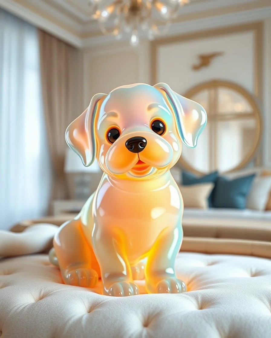 Generate image: Generate image: Generate image: A macro 3D render of a cute, lovely dog entirely of translucent, glossy,colored jelly material. it is sitting on conform in a luxury bedroom ,subsurface scattering and gelatinous texture . High-quality CGI, octane render, 8k resolution, whimsical, adorable, clean composition., in the style of Portraits, in the style of Portraits, 4:3