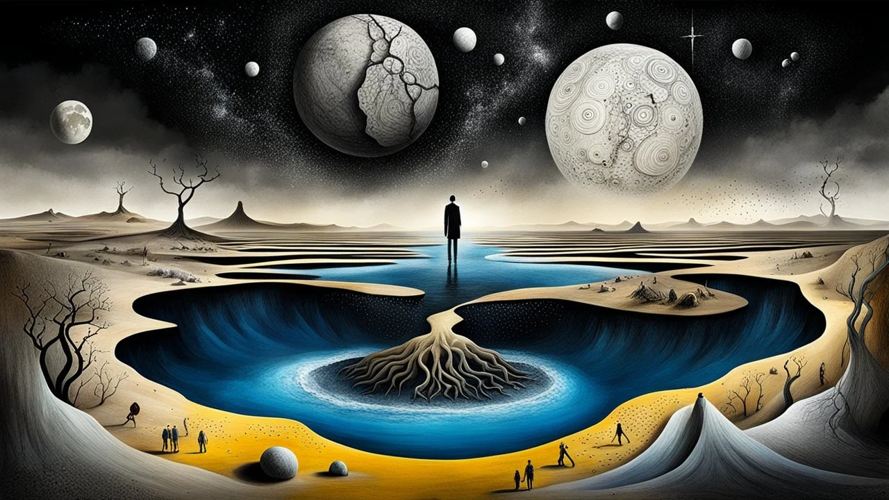 paIinta deep, dark nightmare, inner world and dynamics of the uncontrolled mind ans soul, chaotic, lonely little island sits in the cold deep Sahara, a surreal cracked, painted weird land. The Whimsical style of Chagall meets the dark visions of Minjae Lee and the thick, impasto textures of Anton Semenov lonely, sad lives and absurd beauty. The broken, weird inhabitants of this bizarre landscape, rendered in deep colors, dark dunes, shattered life. . The thick layers of impasto paint, surreal