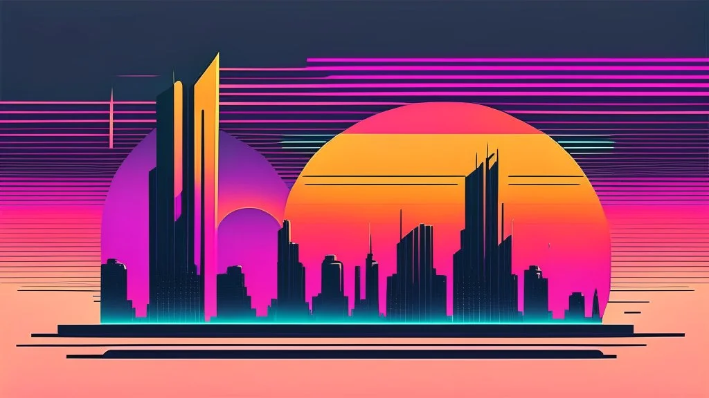 minimal design,shapes, synth-wave, synth-wave one sun, synth-wave city, simple,iconic:1.8), synth-wave color in city, comic style