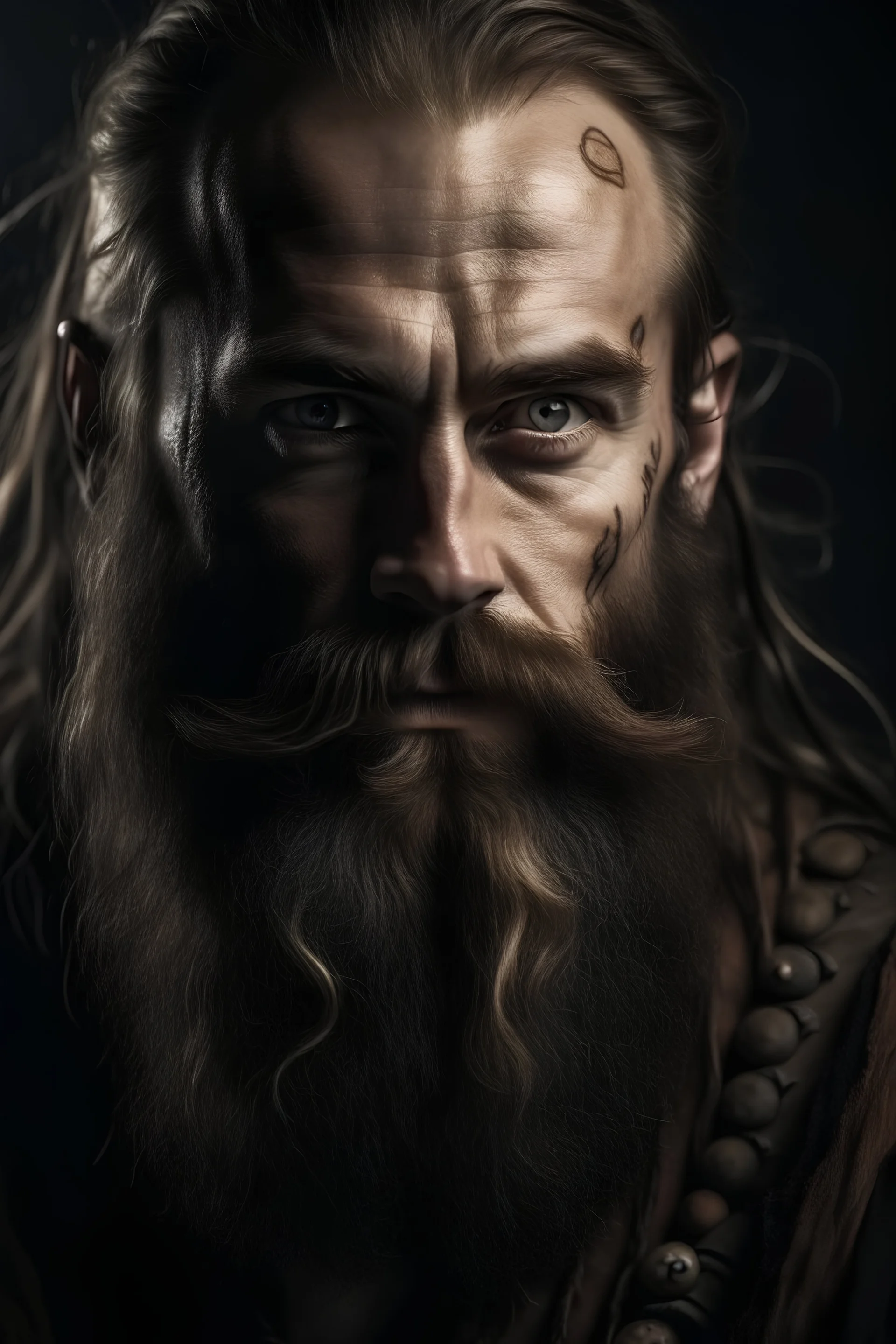Portrait of a male warrior, scars on his face, long brown beard, middle age, evil look
