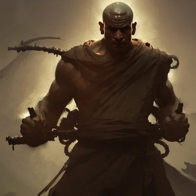 Portrait of a monk, grimdark, Frank Frazetta, Greg Rutkowski, hyperdetailed, dnd, trending on Artstation, Splash screen art, dynamic lighting, hyperdetailed, intricately detailed, a masterpiece, 8k resolution