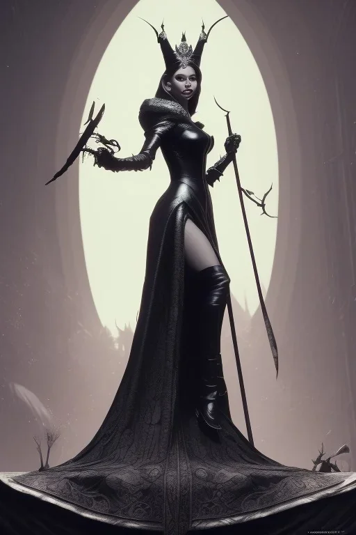 Sophia Loren as evil queen in black leather, cleavage, angry, stern look. character design by cory loftis, fenghua zhong, ryohei hase, ismail inceoglu and ruan jia. unreal engine 5, artistic lighting, highly detailed, photorealistic, fantasy