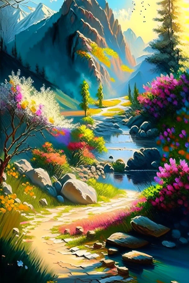 full light,highlight, trees, stone pathway, day, sun day, an idyliic mountains with bright colorful flowers, mountains, sun,flower, a small river, paradise, on a canvas. realistic art, brush, pencil, detailed