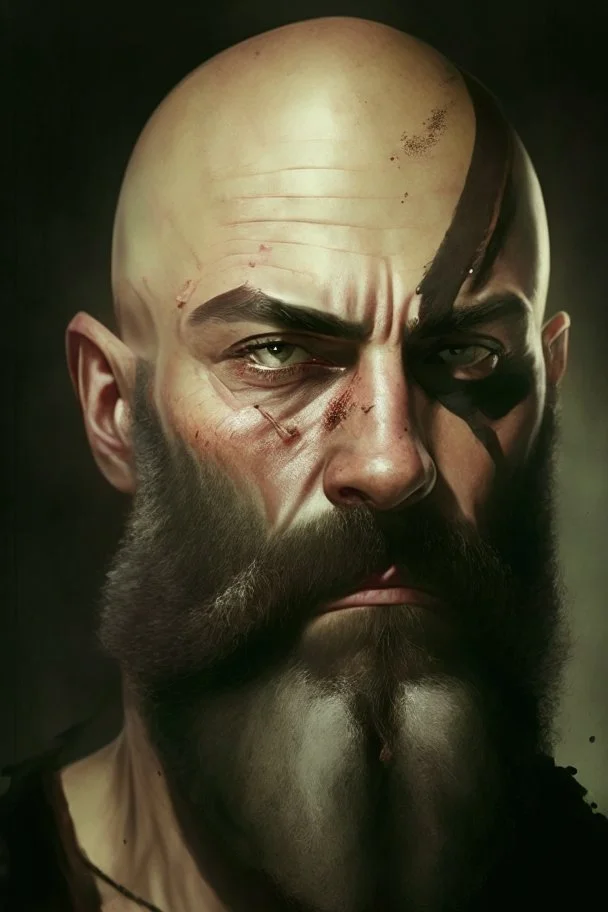 Portrait of a bald man, muscled, with quite-long brown beard, a black bandage on his left eye like a pirate