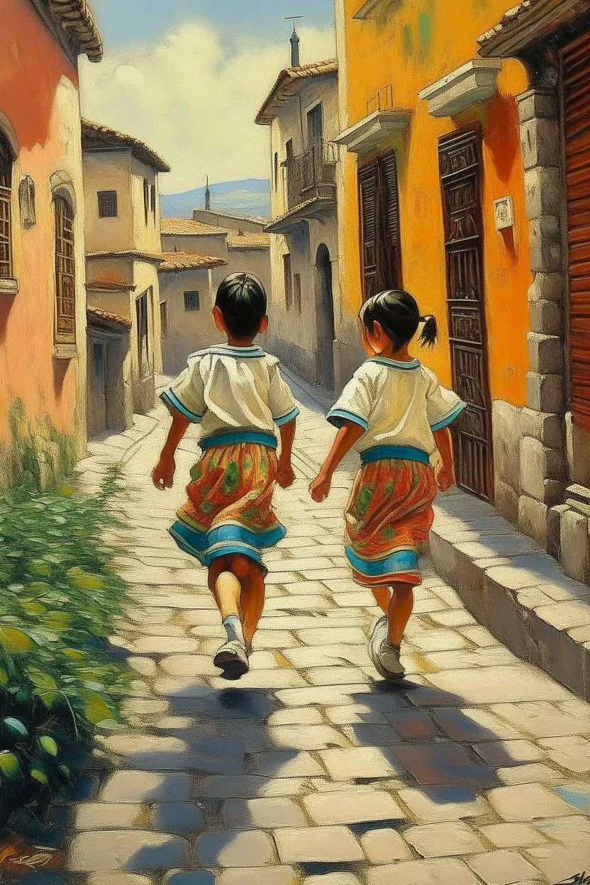 2 maxican childeren running traditional clothes painting neoclassism in a traditional mexican city from the back