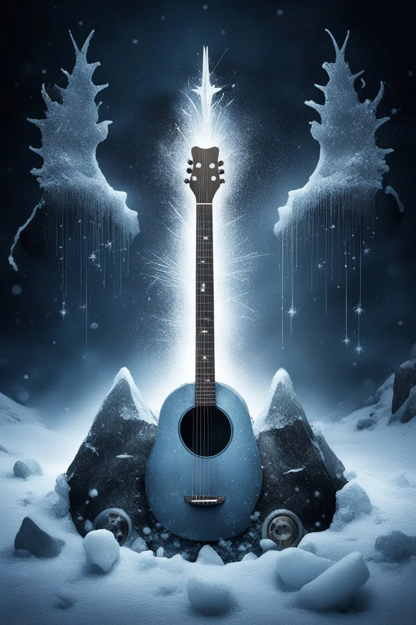 abyss containing rock music instruments in an icy winter with cold sparks flying with John Lennon