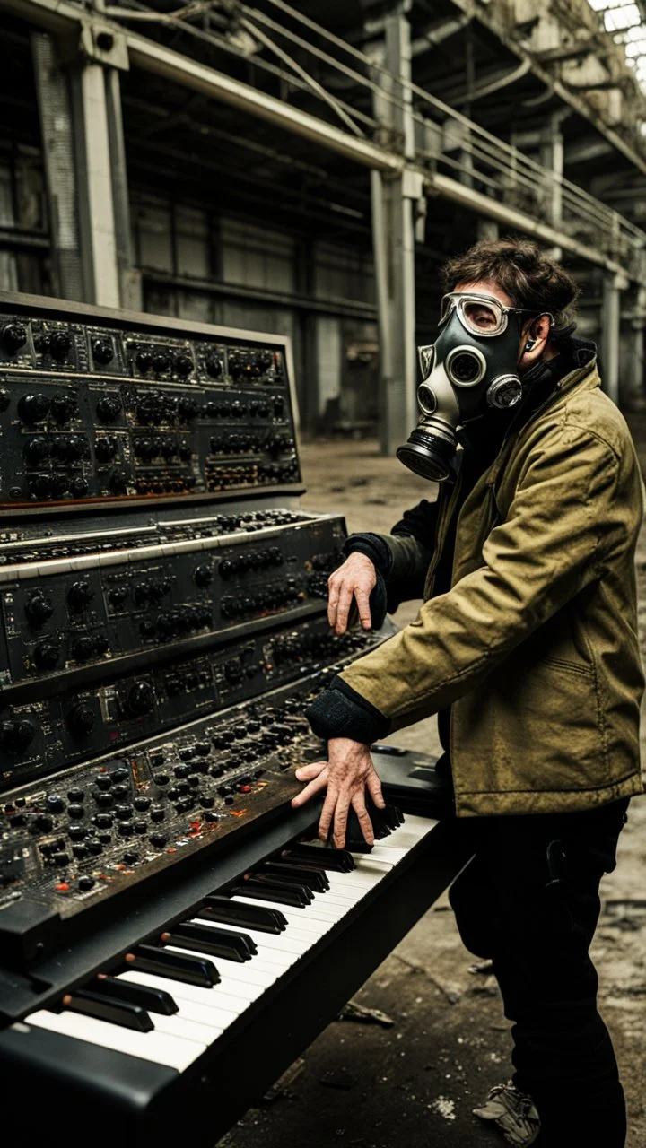 a person with a gas mask in an abandoned big massive factory, playing with a modular synth piano