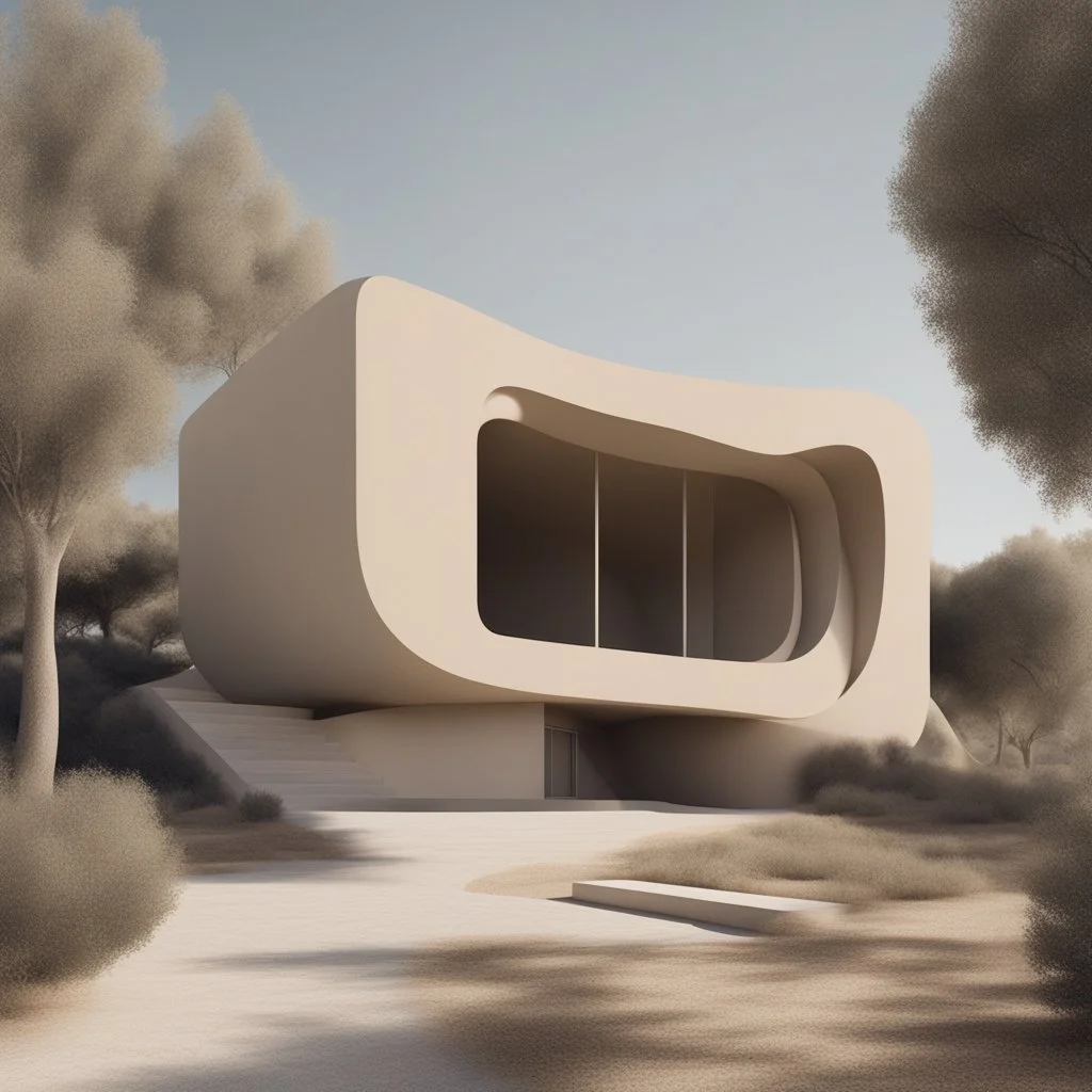 A building inspired by the kernel of the olive, presented in a minimalist and modern style.