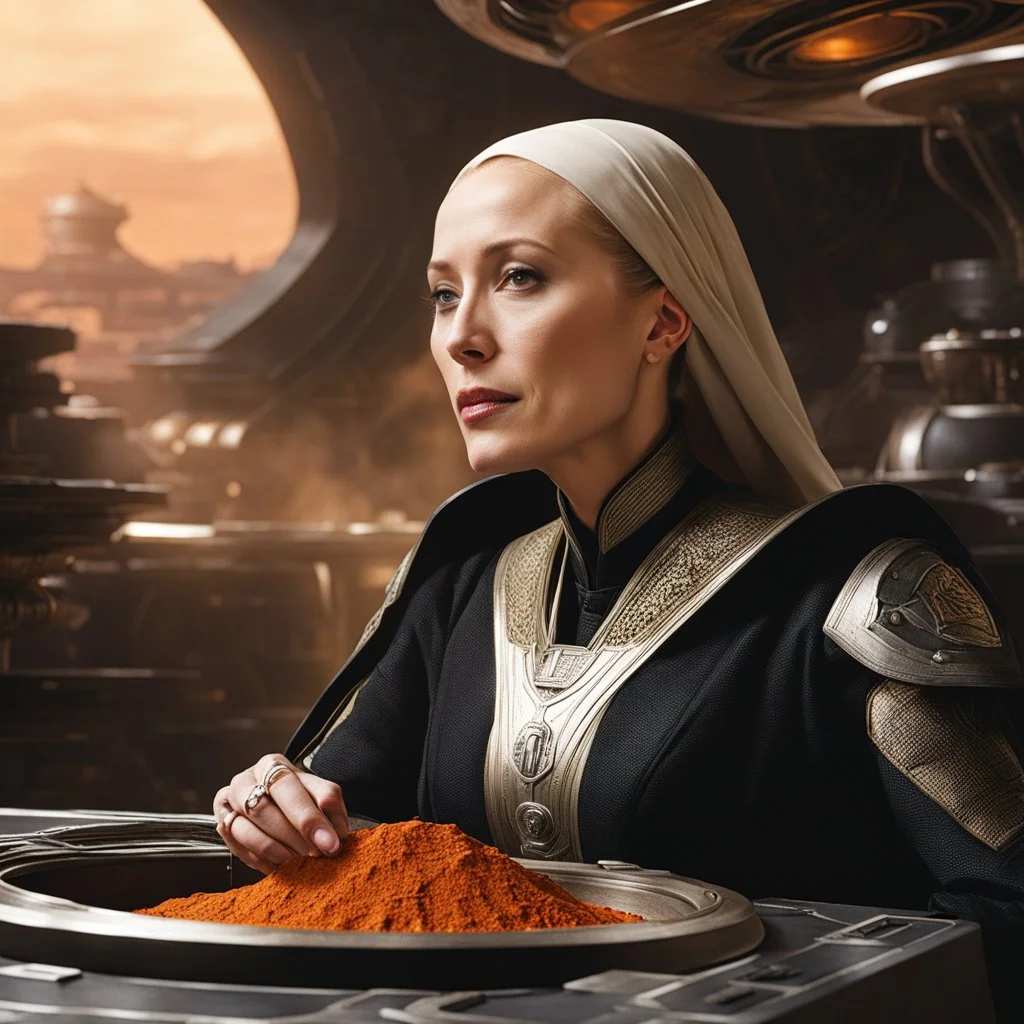 bene gesserit, using the voice in a spaceship, close to a stack of spice