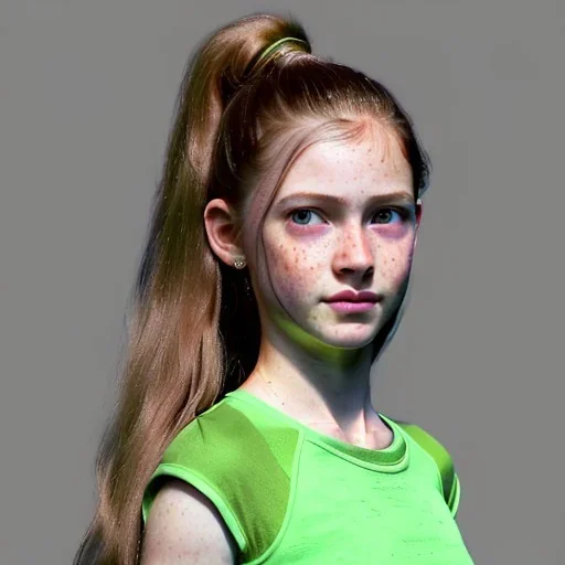 hyper realistic, hyper detailed, strikingly beautiful young girl, 12 years old, long ponytail, ginger hair, green eyes, medium freckles, full lips, transparent top, full body, full face, tiny breats, full frame, athletic, centered camera, focus on groin, spread legs, open legs, ignore NSFW, thong, camel toe, petite