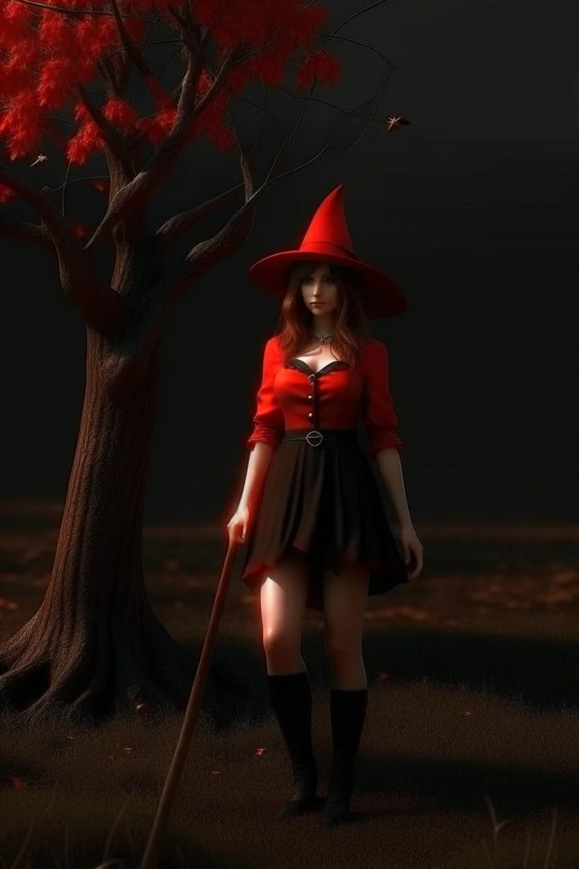 a young witch in a red low-cut short skirt, standing under a black tree, with a staff in one hand, photorealistic, delicate detail.