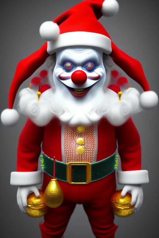 Clown from IT dressed in a santa outfit,high detail, volumetric lighting, tiny features, intricate detail,volumetric clouds