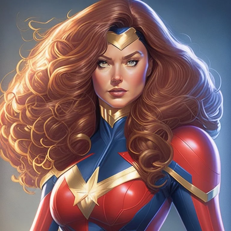 Una superheroína mujer con ojos grandes y brillantes, labios carnosos y cabello voluminoso estilo melena. Tiene un traje ceñido con hombreras prominentes y una pose dinámica.