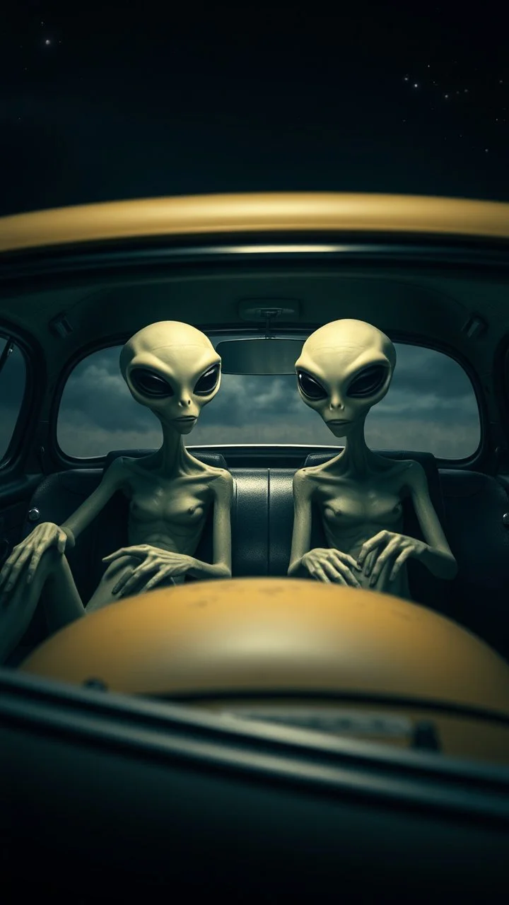 aliens sitting in an old car