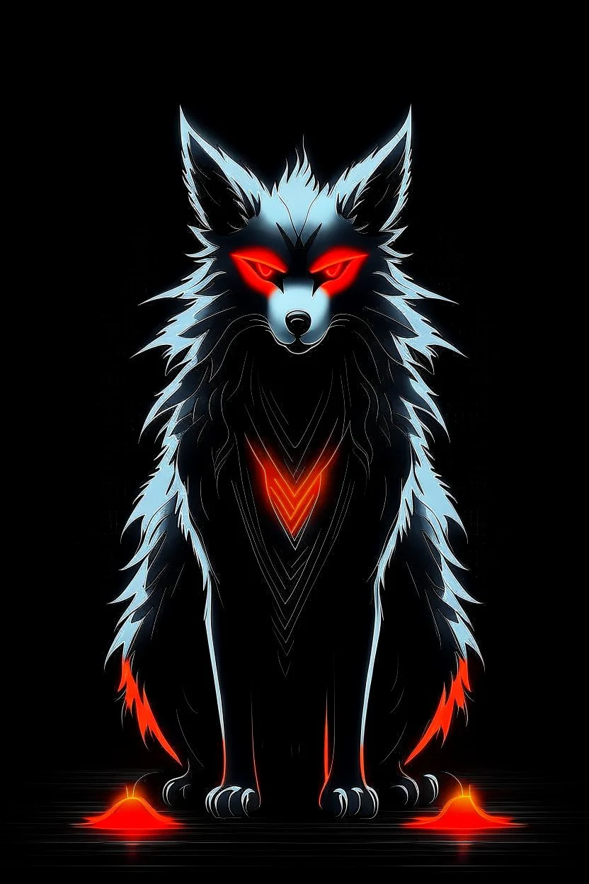 Super cool ghostly spiritual kitsune with menacing glowing eyes In a pitch-black room. It sits alone staring straightly and deeply at us, it has a painted-anime style.