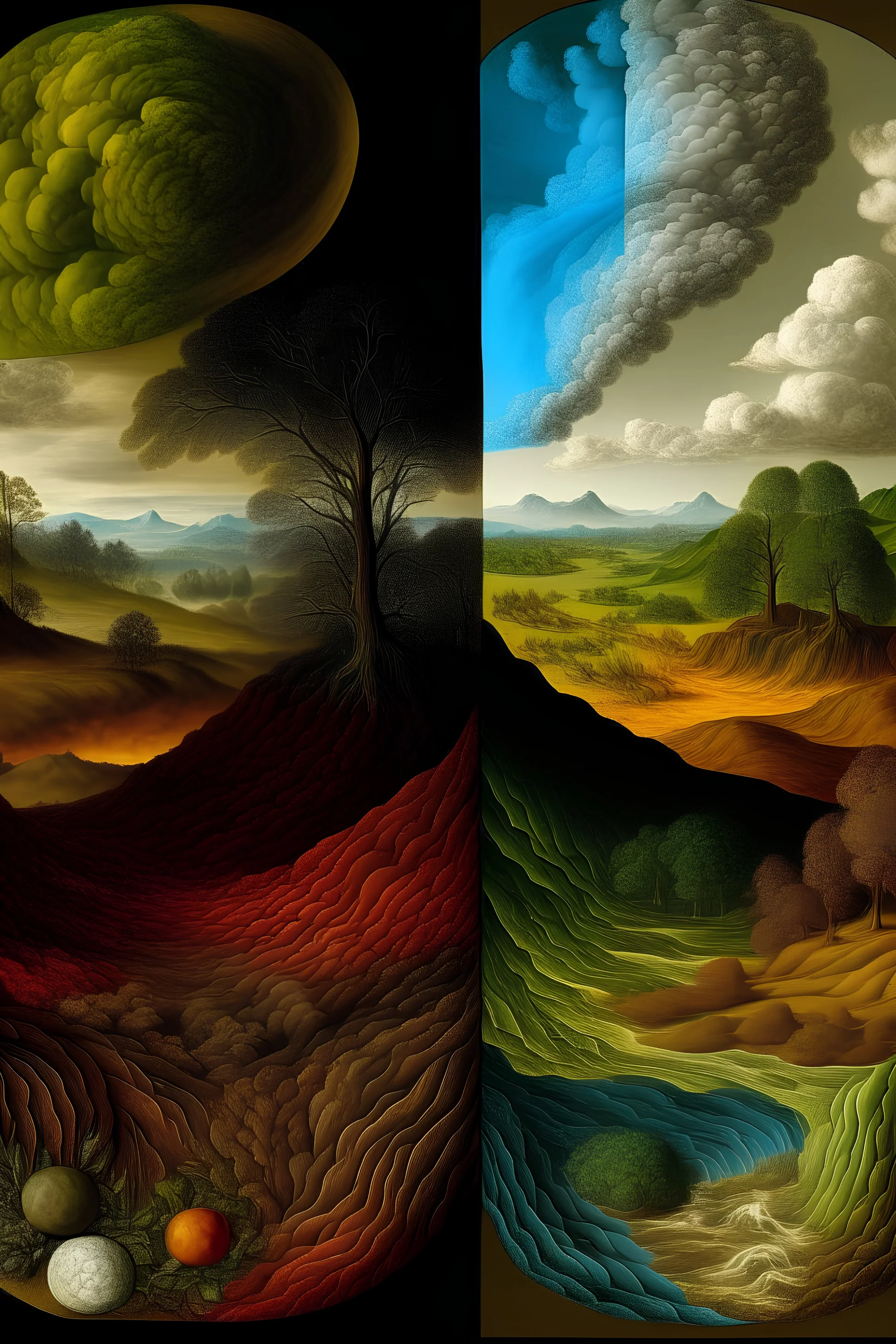 A landscape with the four elements of the earth (fire,water,Wind,soil)