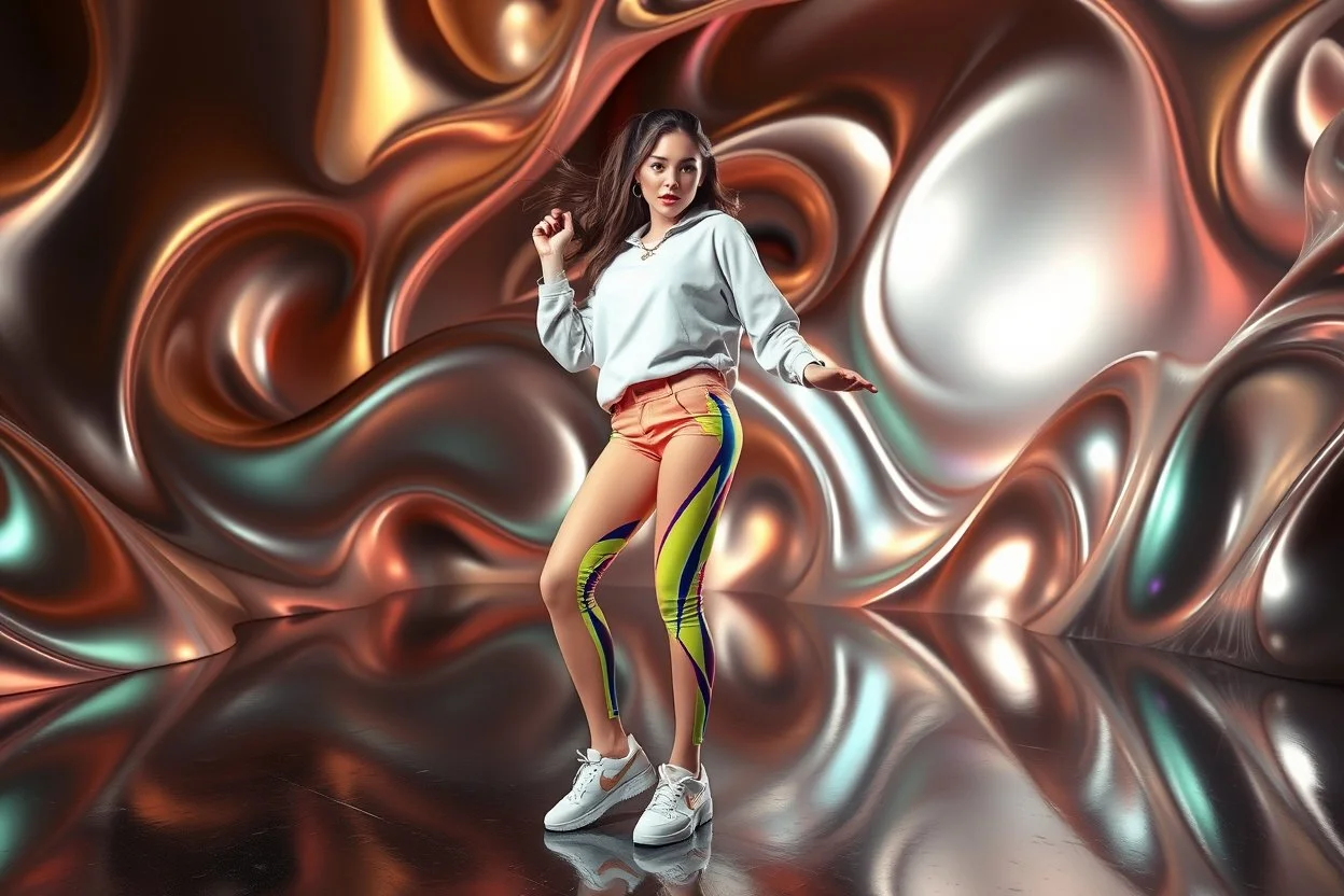 beautiful lady with todays modern clothing and sport shoes, in surreal stage made of 3d fractal random size recursive objects with helical strip colors in clothing similar to environment full body dancing to camera,animating background metallic random color and size recursive objects
