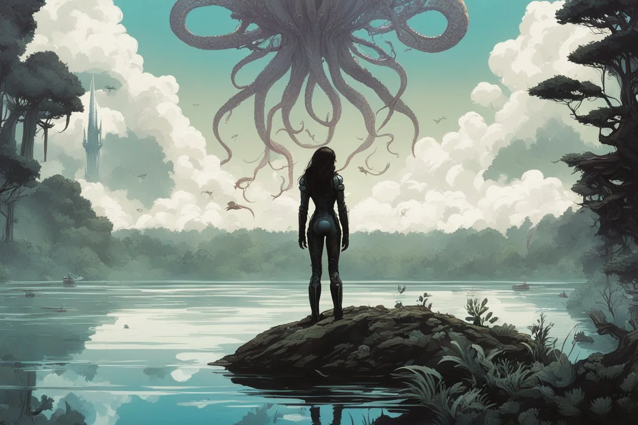 A woman with dark hair, in an android suit, looking out over a lake, in an alien forest, with tall cloud trees, flying Portuguese men of war with octopus tentacles