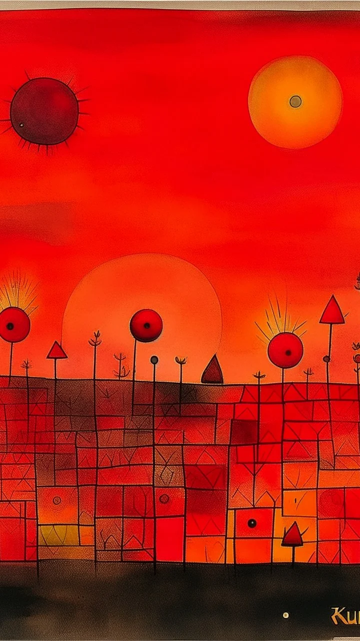 A red fiery sky with fireballs painted by Paul Klee