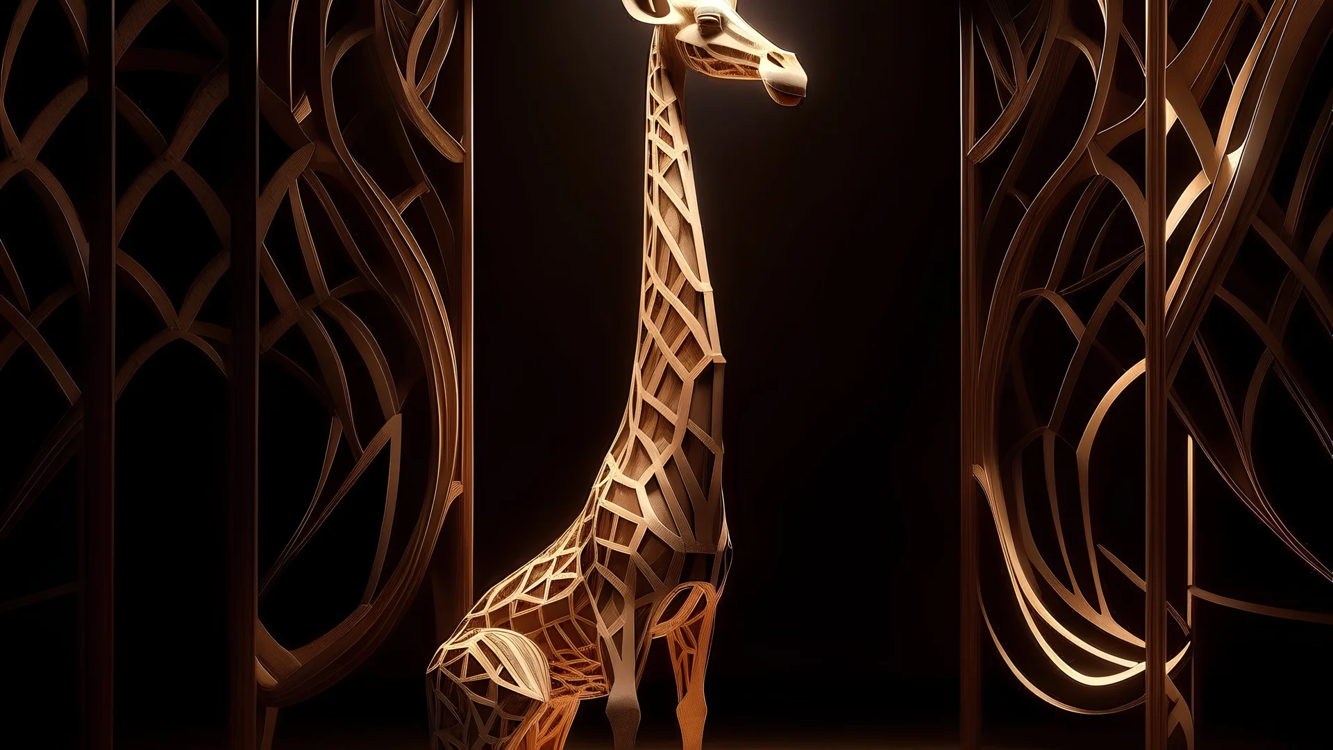 Design a celestial being with a long giraffe-like neck, dog-like pointed ears, ethereal wings reminiscent of a celestial wooden chair, and a tail unfolding into fan-like patterns when in motion. Render the image with an otherworldly aura and a trail of gentle wind.