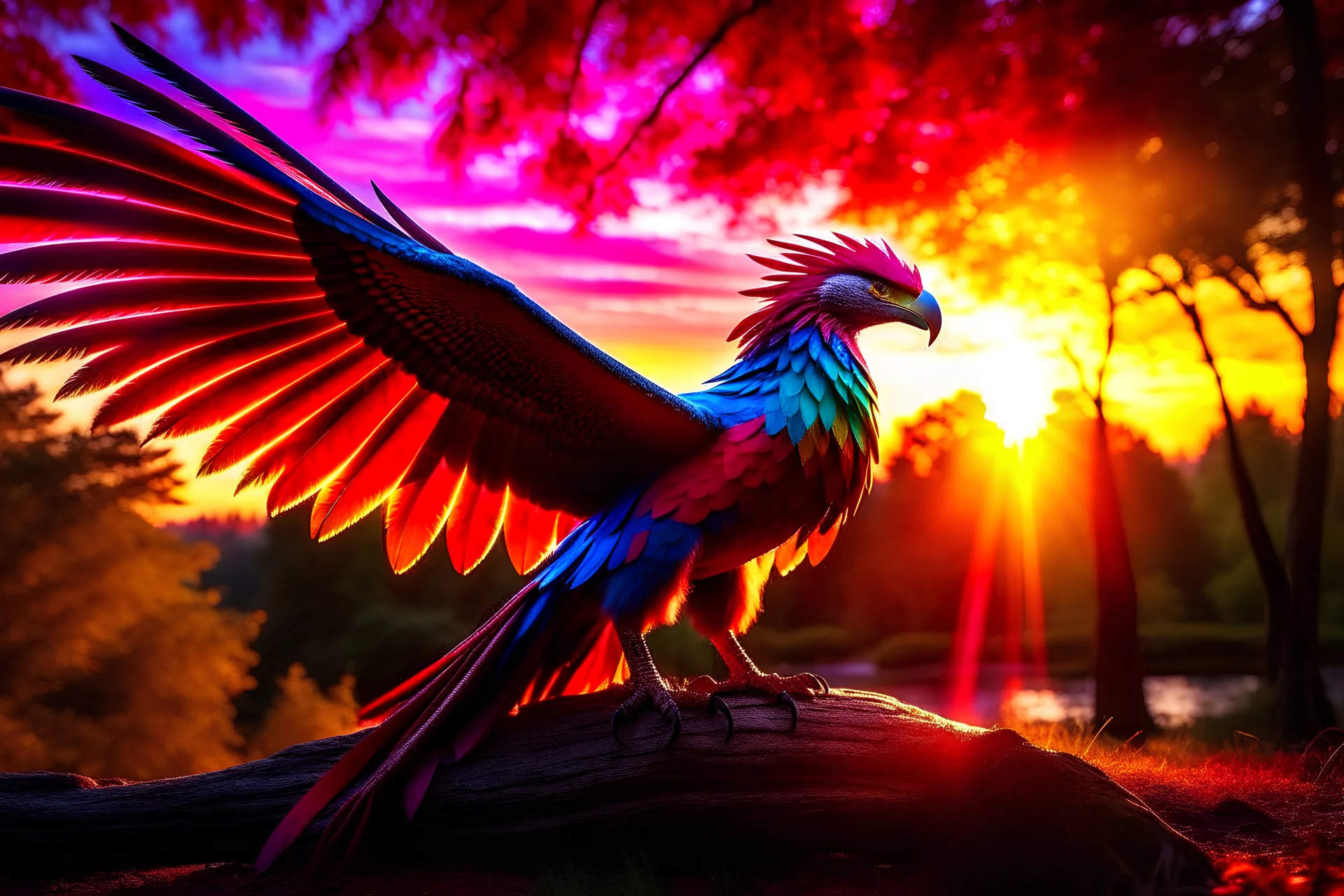 high dynamic range photograph with rich details in both shadows and highlight of a beautiful hyper-detailed proud phoenix made of colorful felt with extended wings, its head with its hooked beak, resting on a forest tree branch at sunset