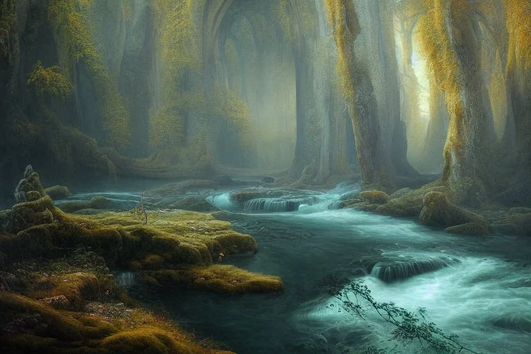 emerald river beneath incredible ancient stone arches, autumn trees, no people, by Ivan Shishkin, Ferdinand Knab, Dan Seagrave, Erik Johansson, Peter Mohrbacher, Anato Finnstark, Flavio Greco Paglia. unreal engine, bokeh sharp focus dof ultra realistic oil on canvas beautiful award winning photograph ultra detailed