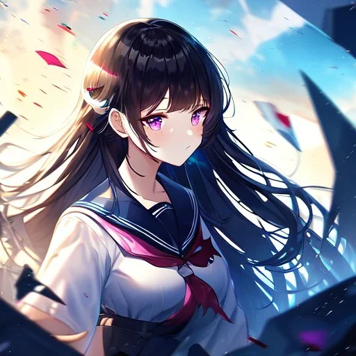 Clear focus, High resolution, Black long fluffy hair, purple eyes, wearing a sailor uniform, shattered rainbow in triagle formation, wearing a oni mask on face