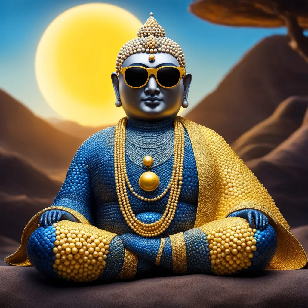 A scaly Buddha with sun glasses and a large collar in collared wooden pearls, lying on his side, his bald head in his hand. His yellow skin has blue snaky scales. What a sight to behold! This character, an enigmatic being from a distant galaxy, exudes an aura of wisdom and mystery. As he contemplates the cosmos with a serene expression, his presence radiates a sense of ancient knowledge and unfathomable power.