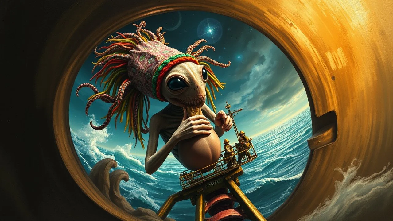 master oil painting by Rembrandt, roller coaster hypno psycho alien squid with rasta wig breast feeding with some bad ass power off shore oil platform cyber punk people experiencing gravity at its worst, pin hole cam, twisted perspective, goa trance music poster, awake within a dream