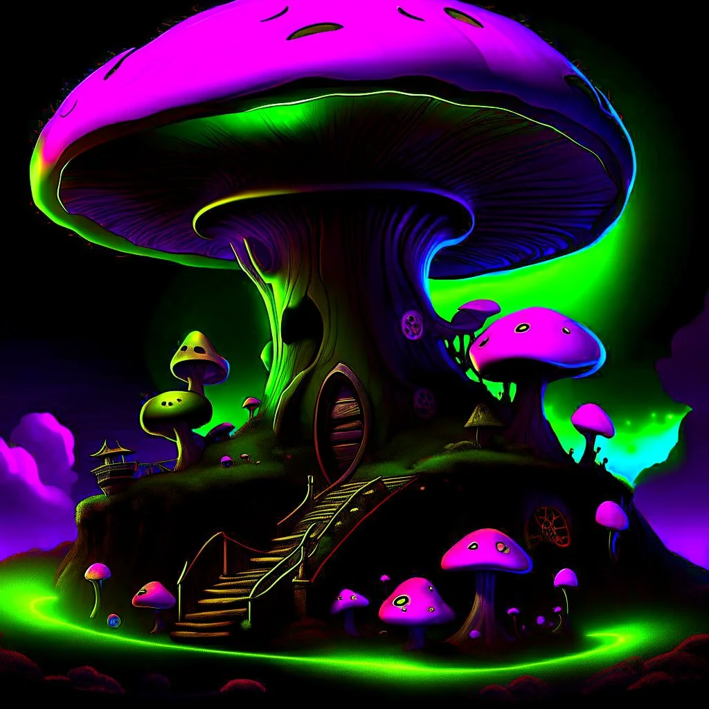 A fantabulous black, lime, and cherry (((mushroom tower house))) erected atop a (geologic pillar), surrounded by the uncanny imaginative ((( swirling skies))), offset by the stark hues of a (neon-tinged nebulous space scape), within. captured by the hand a skilled master painter with a focus on (softly blurred compositions and voluminous lighting).